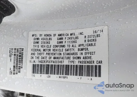 2015 Honda Accord Ex-L V-6 from USA, damaged, VIN 1HGCR3F87FA003497